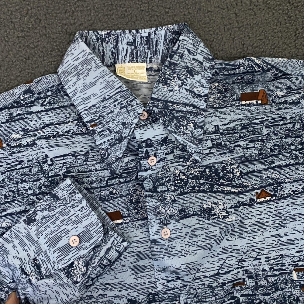 VTG 70s Kings Road Sears Shirt Mens Large Blue Scenic Print Disco Dagger Collar
